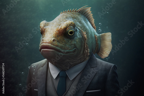 Generative AI illustration anthropomorphic portrait of fish in gray suit photo