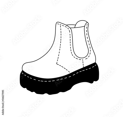 Vector isolated one single boot with stitching on black tractor sole  colorless black and white contour line easy drawing