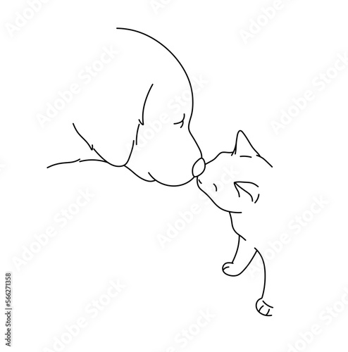 Vector isolated cat and dog sniff each other heads noses  colorless black and white contour line easy drawing