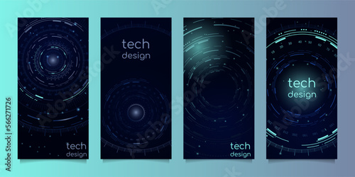 A set of abstract vertical banners featuring circles, numbers, digital scales, spots of light. Digital interface, portal, teleport and technology concept