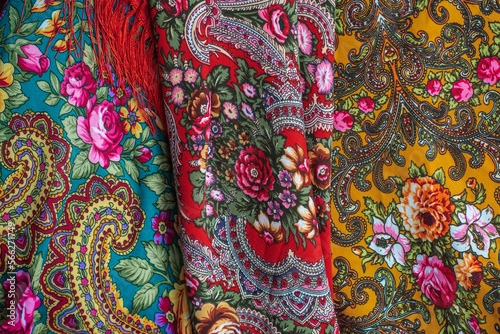 Colorful Boho flowers fabric. Fashionable collection of accessories for women. Detail of wardrobe