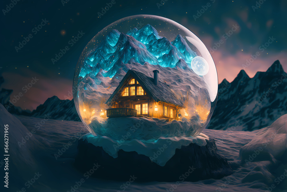 Mountain cabin inside snow globe glass - Generated by Generative AI