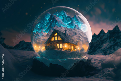 Mountain cabin inside snow globe glass - Generated by Generative AI