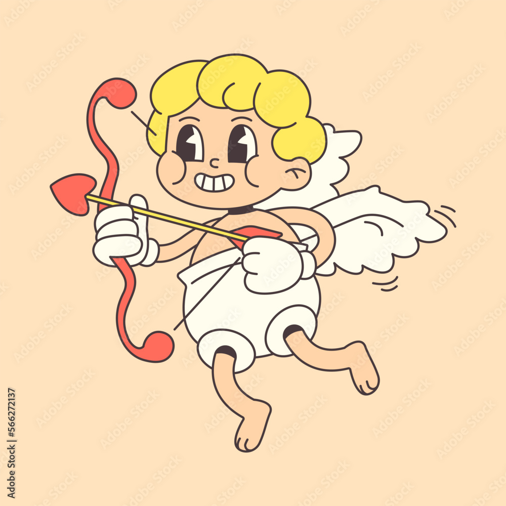 Fototapeta premium Cupid shoots an arrow in trendy groovy style