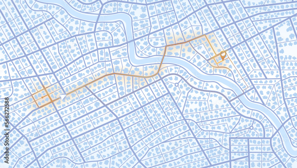 Fototapeta premium Gps map navigation to own house. City top view. View from above the map buildings. Detailed view of city. Decorative graphic tourist map. Abstract transportation background. Vector, illustration.