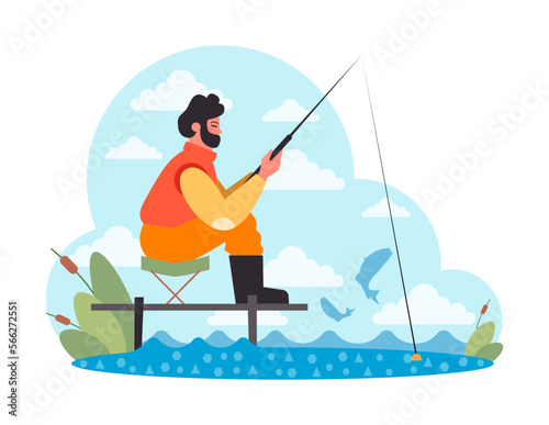 Summer holiday activities. Character with fishing rod. Summer fishing