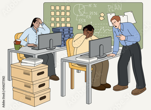 Flat angry boss standing over tired employees and yelling at workers. Tired man and woman feeling stress at work, anger and burnout. Leader or colleague pressure office people. Deadline problem.