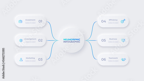 Neumorphic flowchart infographic. Business data visualization with 6 steps. Concept of development process