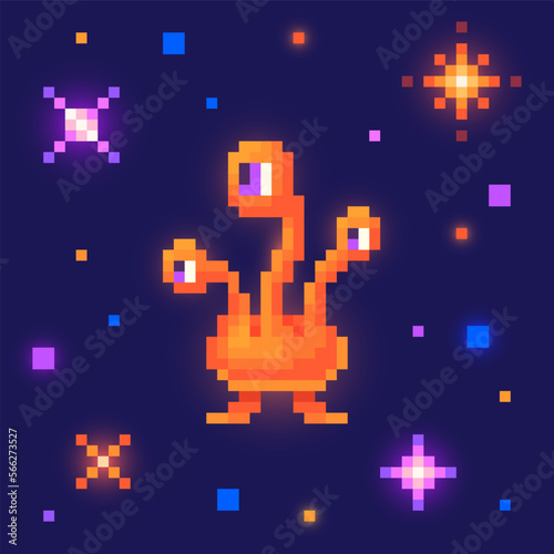 Alien in outer space. Cute monster in pixel art. 8 bit retro style vector illustration
