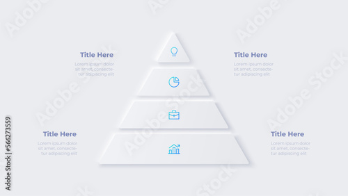 Neumorphic infographic pyramid. Business data visualization with 4 options. Concept of development process