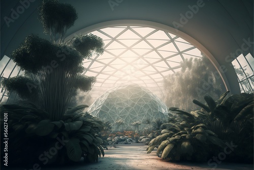 An environment inside a biodome sustainabilty greenhouse architecture, generative AI photo