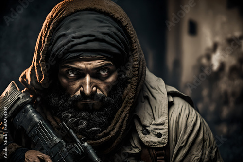 A Portrait of Terrorist Criminal Holding Gun in War Time