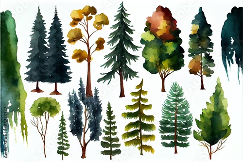 Forest trees set. Hand drawn watercolor illustration isolated on white background. Generative AI