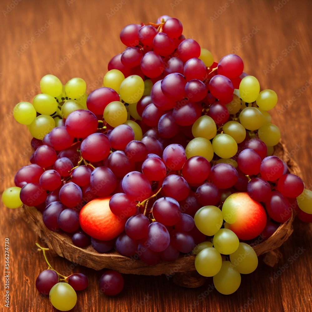 Fresh red grapes fruit on wooden background - generative ai