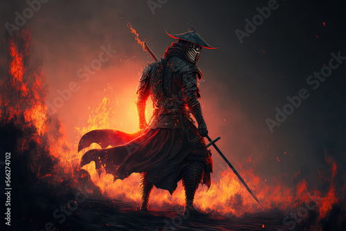 A samurai in a demonic red mask on the battlefield makes a swing with a katana creating a sizzling fire around. illustration painting (ai generated)