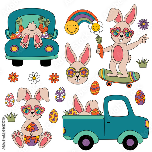 set of isolated retro groovy easter rabbit