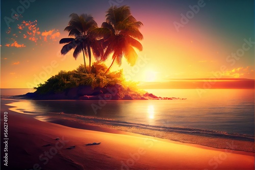 Scenery from paradise beach on a tropical island. sunrise image. Generative AI