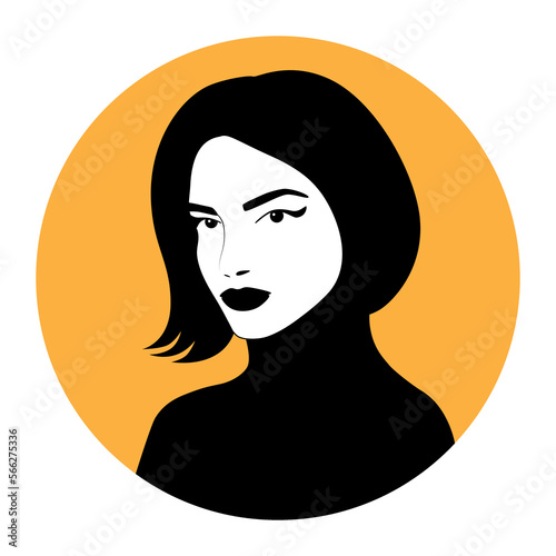 Silhouette of a woman with a short haircut on a round yellow background. Vector minimalist portrait of a woman.