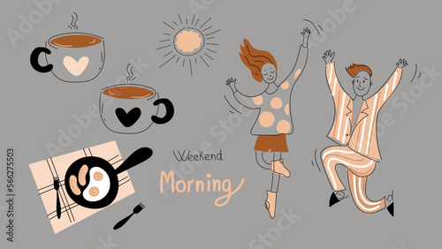young cheerful man and woman in pajamas happily dances. weekend morning  coffee, Vector doodle set illustration. 
