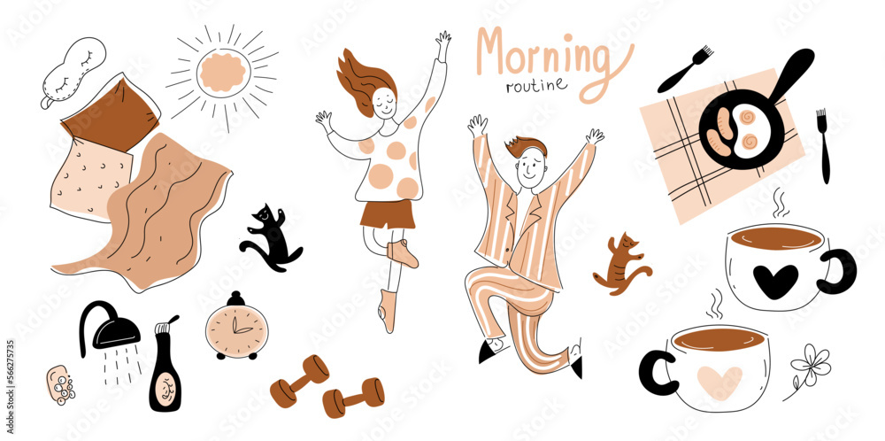 young cheerful man and woman in pajamas happily dances. weekend morning  coffee, Vector doodle set illustration. 