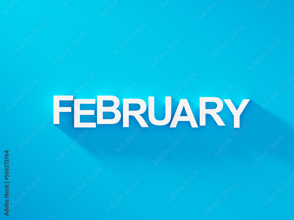 February text word on blue background with soft shadows, calendar background