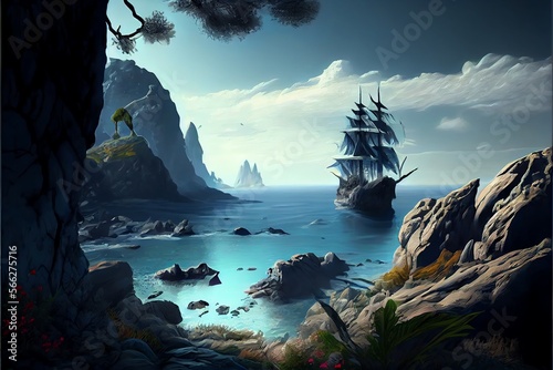 Fantasy Digital Art Landscape Illustration Wallpaper with Sea Scenery. Generative AI
