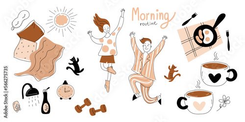 young cheerful man and woman in pajamas happily dances. weekend morning  coffee, Vector doodle set illustration. 