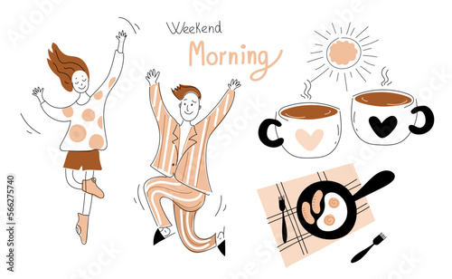 young cheerful man and woman in pajamas happily dances. weekend morning  coffee, Vector doodle set illustration. 