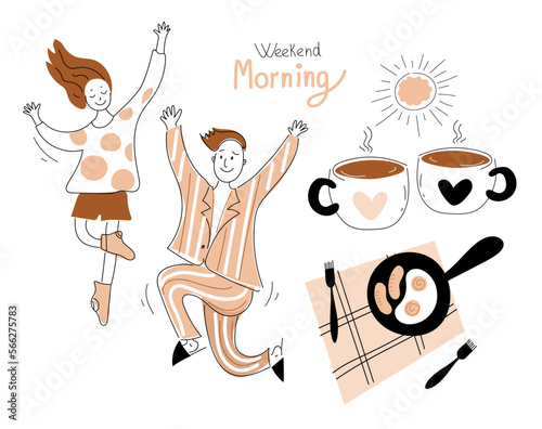 young cheerful man and woman in pajamas happily dances. weekend morning  coffee, Vector doodle set illustration. 