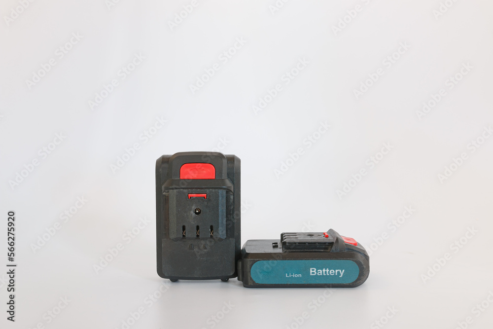 Lithium battery of cordless drill on white background.For drilling or tightening work Lithium battery of cordless drill on white background.For drilling or tightening work