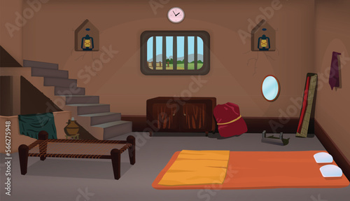 Village room inside cartoon background vector, Poor house room interior vector illustrations.