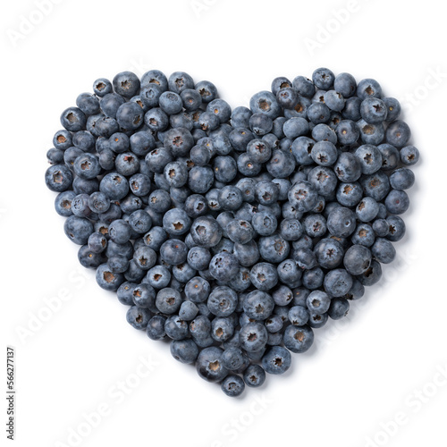 Fresh ripe raw blueberries in heart shape isolated on white background