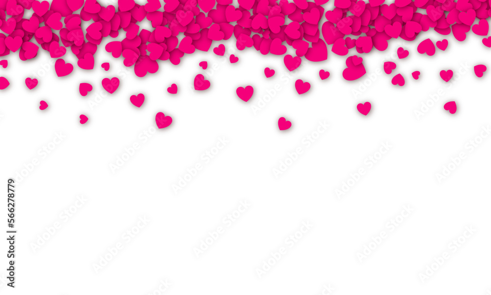 Valentines day background design with pink heart stickers scattered on a white background. Hearts with realistic shadow. Vector background EPS 10