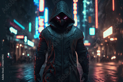 ninja in japan city 2070 with neon blurred background Illustration. Generative Ai