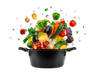 Healthy food in the pot. Studio shot of different types of vegetables isolated on transparent background. Concept cooking healthy food.