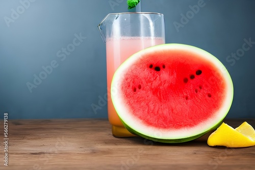 Freshly squeezed juice from a watermelon on a table in glasses. Preparation of a cocktail or a non-alcoholic drink. Healthy Eating and Fruitarianism - generative ai