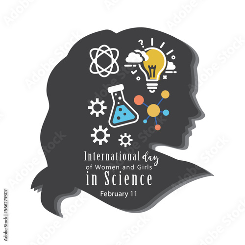 Female scientist head with long hair thinking about complex science knowledge, vector, icon, illustration.