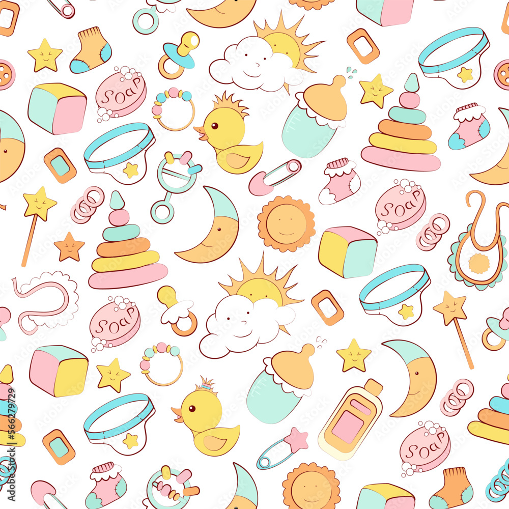 Vector seamless pattern with baby things on white background.