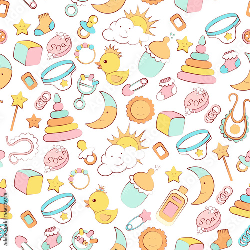Vector seamless pattern with baby things on white background.