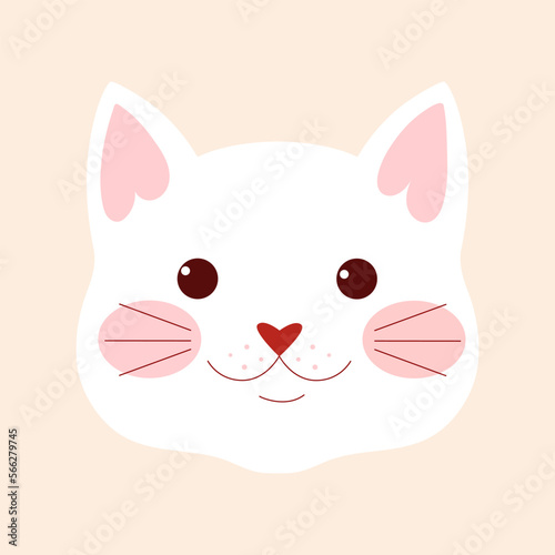 Cute cartoon white cat face isolated on cream background.