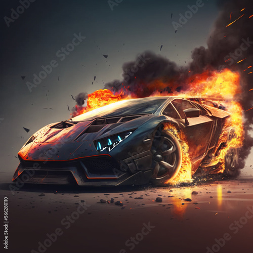 Sports car on fire. Generative AI