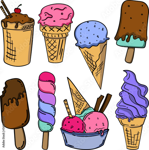 Hand drawn set of doodle with different ice cream types: waffle cone, cup ice cream, popsicle, sundae. Sketch style vector illustration for cafe menu, card, birthday card decoration.