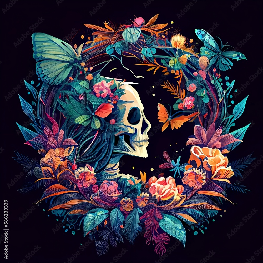 Dia de Los Muertos Skeleton. Day of the Dead Skeleton. Dia de Muertos Skeleton with botany and flowers. Bones and Botany. Colourful skeleton