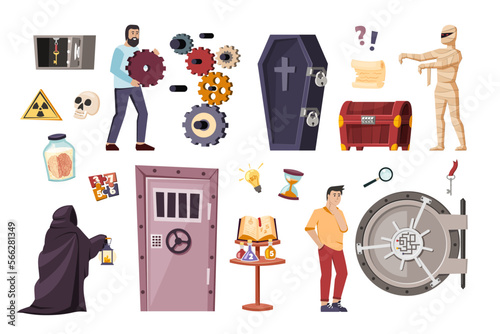 quest room. scary characters questions with secret keys for mind games. Vector cartoon illustrations