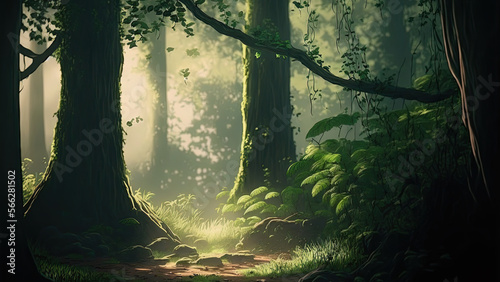 beauty Nature forest with sunrise background illustration. Generative AI