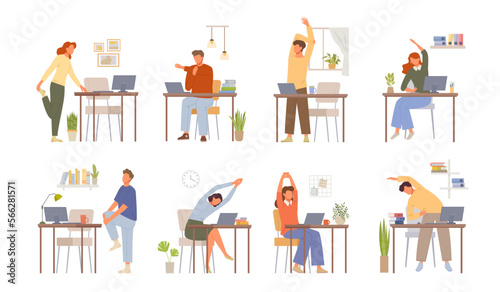 office exercises. freelancers home workplace making gymnastic. vector sport exercises characters © alex_cardo
