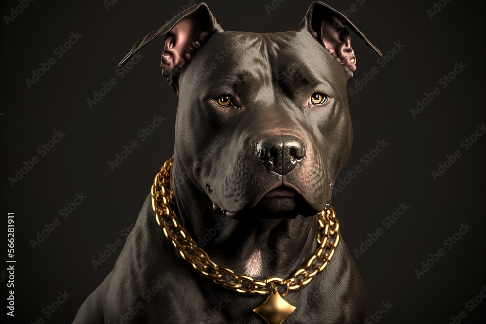 Dog wearing a golden necklace and staring at the camera; the dog is an ...