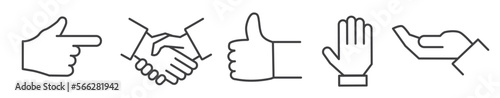 Hand gestures vector thin line icon collection on white background