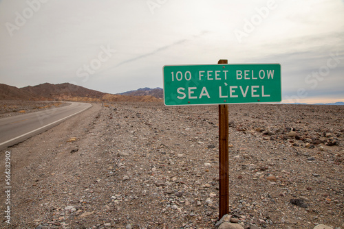 Sign in Death Valley National Park indicating the elevation is 100 feet below sea level.