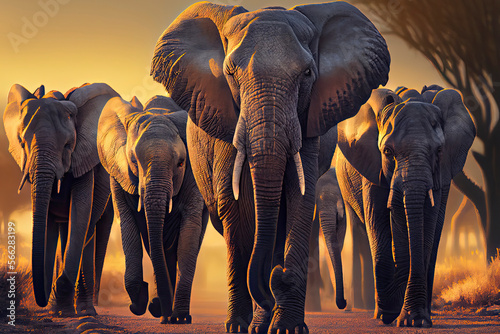 elephants walking in serengeti sunsetting golden hour photo